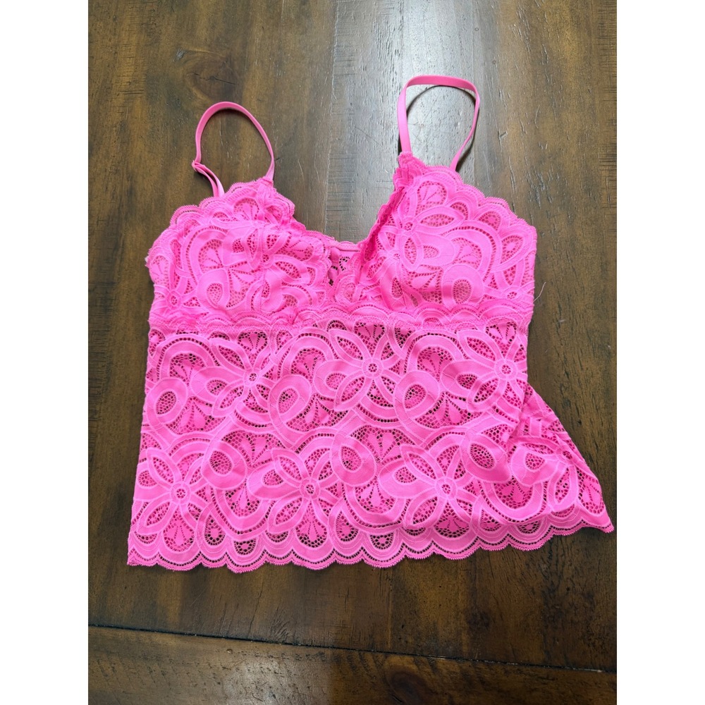 Aerie Real Good Neon Pink Floral Lace Camisole Top Adjustable Straps Large